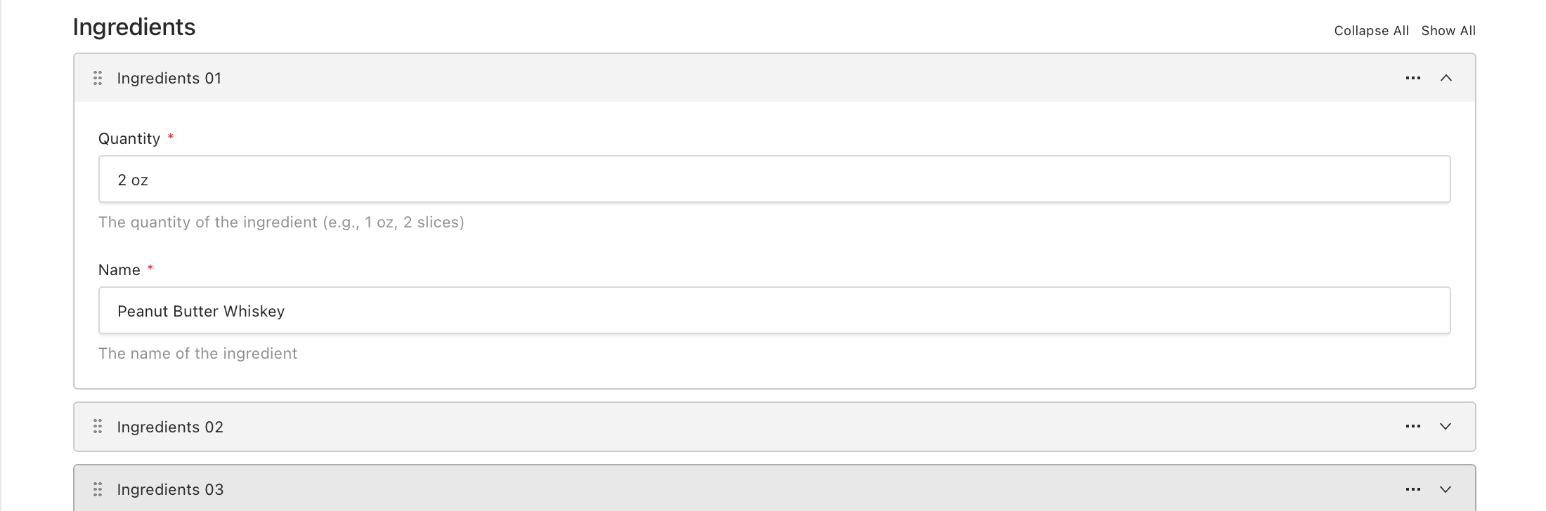 Ingredients section screenshot
