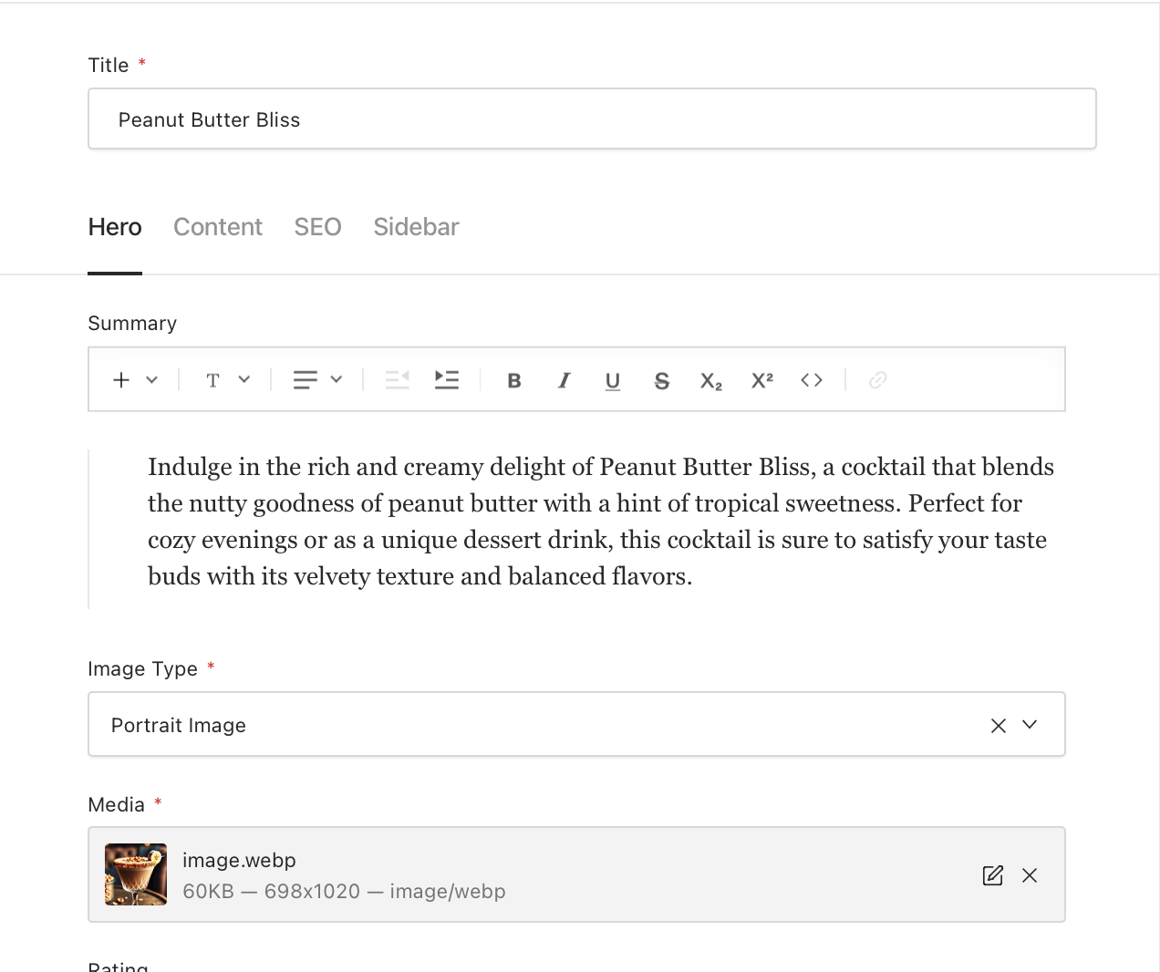Recipe Hero section setup screenshot